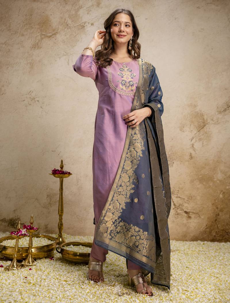 Pink vatican silk embroidery kurta set with jacquard dupatta | readymade suit