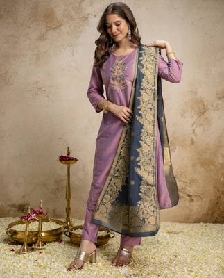 Pink vatican silk embroidery kurta set with jacquard dupatta | readymade suit 3
