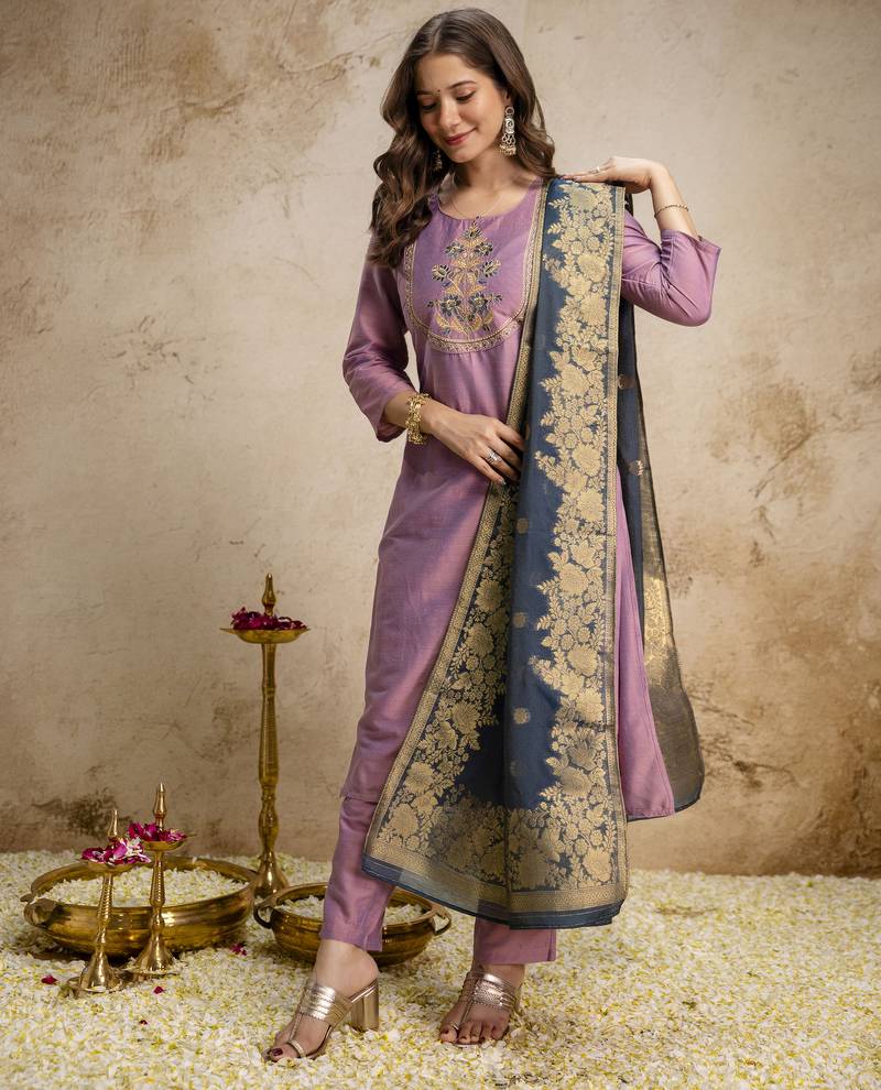 Pink vatican silk embroidery kurta set with jacquard dupatta | readymade suit