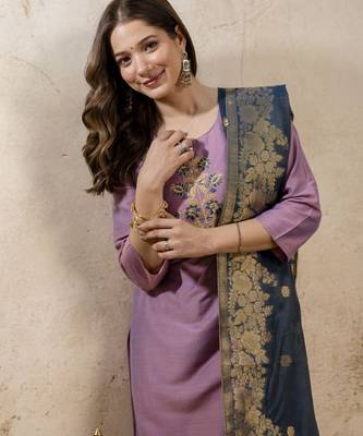 Pink vatican silk embroidery kurta set with jacquard dupatta | readymade suit 4