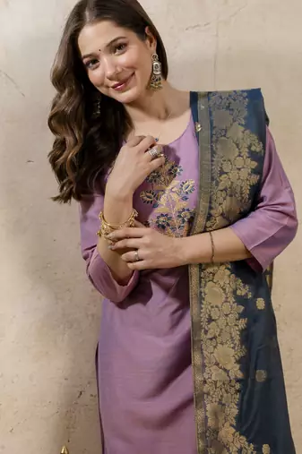 Pink vatican silk embroidery kurta set with jacquard dupatta | readymade suit