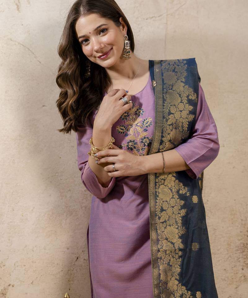 Pink vatican silk embroidery kurta set with jacquard dupatta | readymade suit