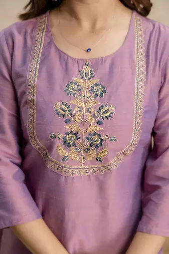 Pink vatican silk embroidery kurta set with jacquard dupatta | readymade suit