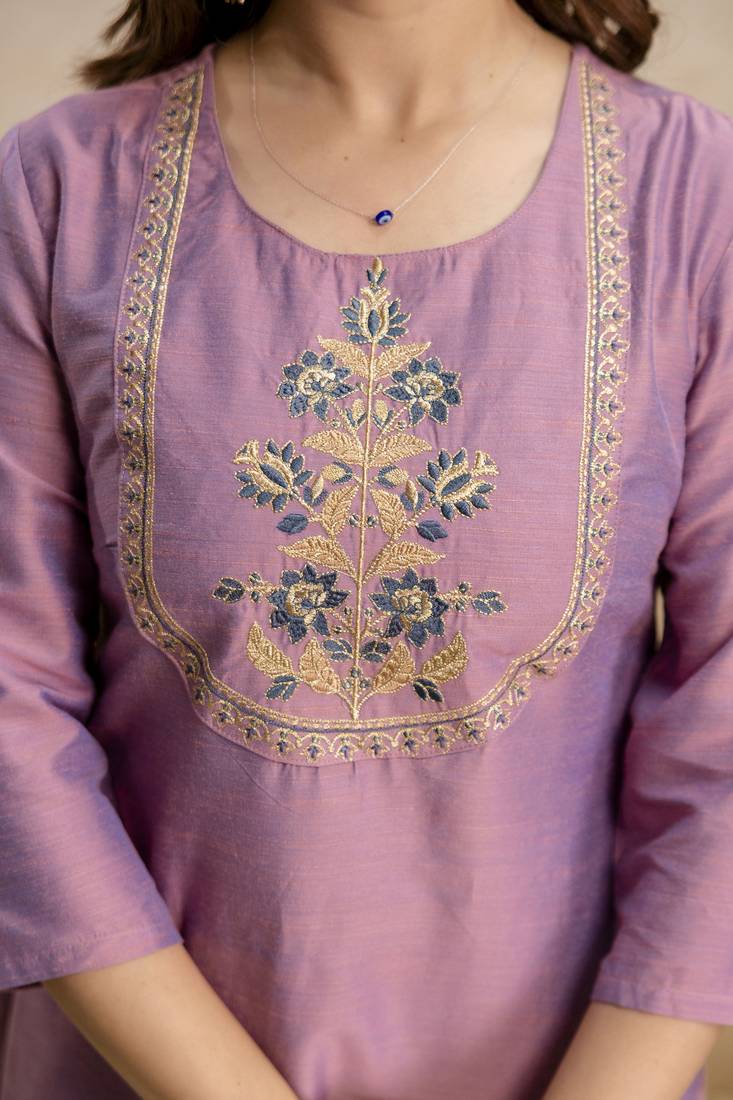 Pink vatican silk embroidery kurta set with jacquard dupatta | readymade suit