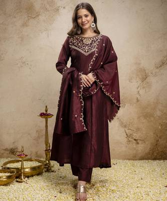 Brown vichitra silk embroidery kurta set with dupatta | party wear kurti set 1