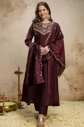 Brown vichitra silk embroidery kurta set with dupatta | party wear kurti set