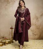 Brown vichitra silk embroidery kurta set with dupatta | party wear kurti set