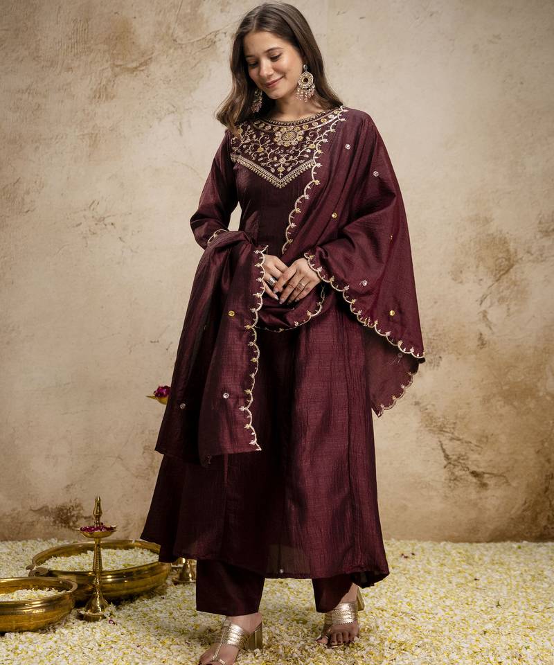 Brown vichitra silk embroidery kurta set with dupatta | party wear kurti set