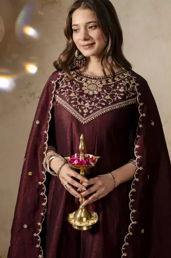 Brown vichitra silk embroidery kurta set with dupatta | party wear kurti set