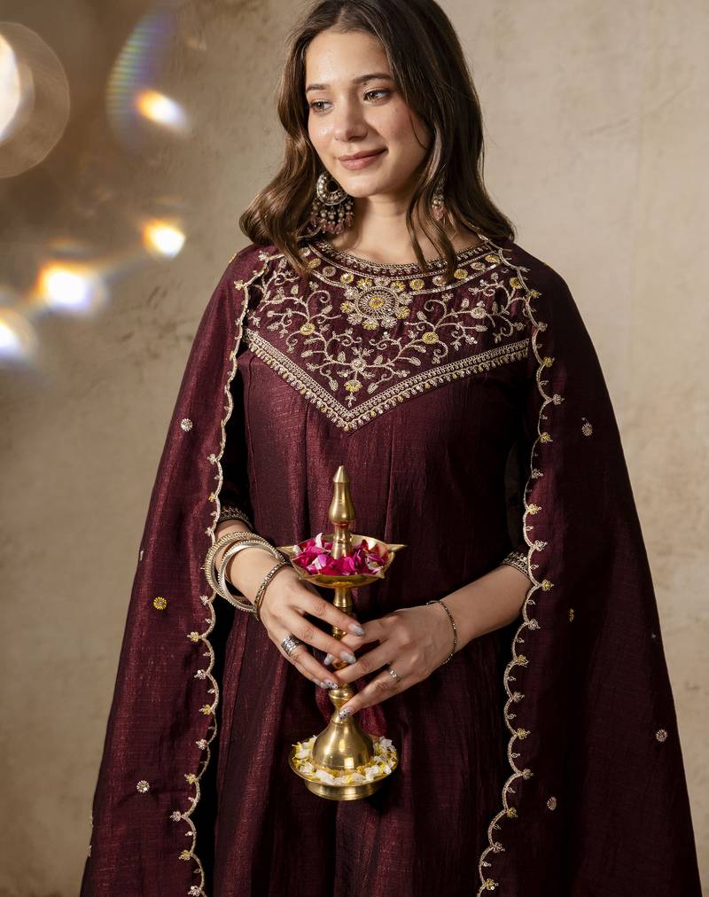 Brown vichitra silk embroidery kurta set with dupatta | party wear kurti set