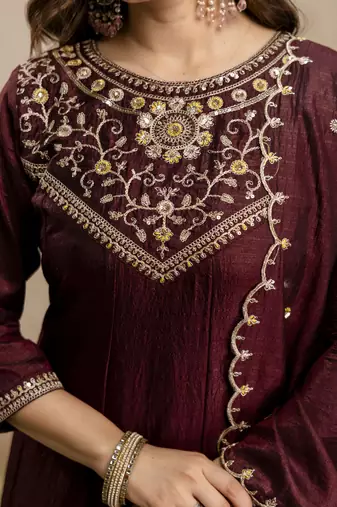 Brown vichitra silk embroidery kurta set with dupatta | party wear kurti set