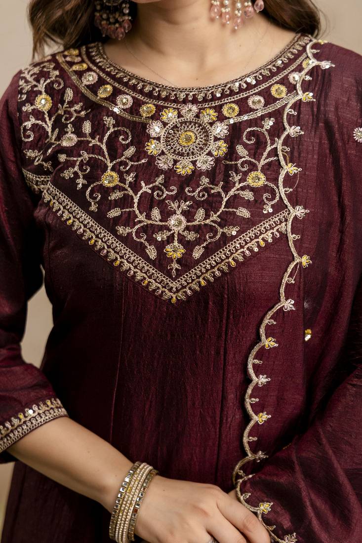 Brown vichitra silk embroidery kurta set with dupatta | party wear kurti set
