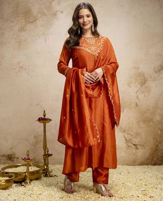 Orange vichitra silk embroidery kurta set with dupatta | designer kurta set 1