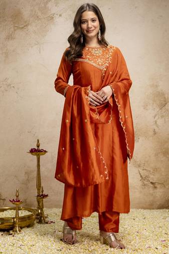 Orange vichitra silk embroidery kurta set with dupatta | designer kurta set
