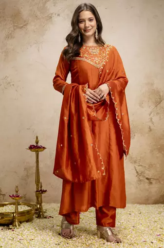 Orange vichitra silk embroidery kurta set with dupatta | designer kurta set