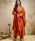 Orange vichitra silk embroidery kurta set with dupatta | designer kurta set