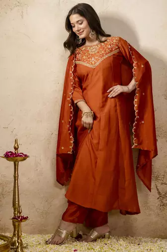 Orange vichitra silk embroidery kurta set with dupatta | designer kurta set