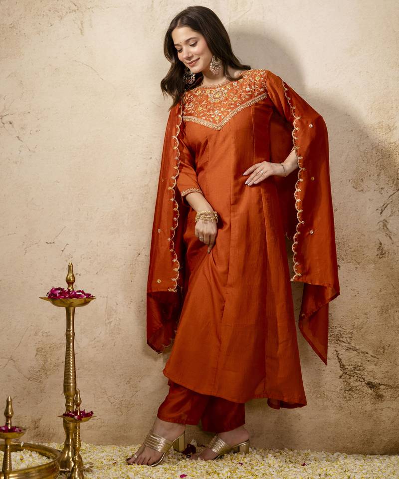 Orange vichitra silk embroidery kurta set with dupatta | designer kurta set