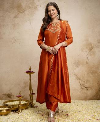 Orange vichitra silk embroidery kurta set with dupatta | designer kurta set 4