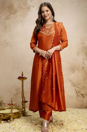 Orange vichitra silk embroidery kurta set with dupatta | designer kurta set