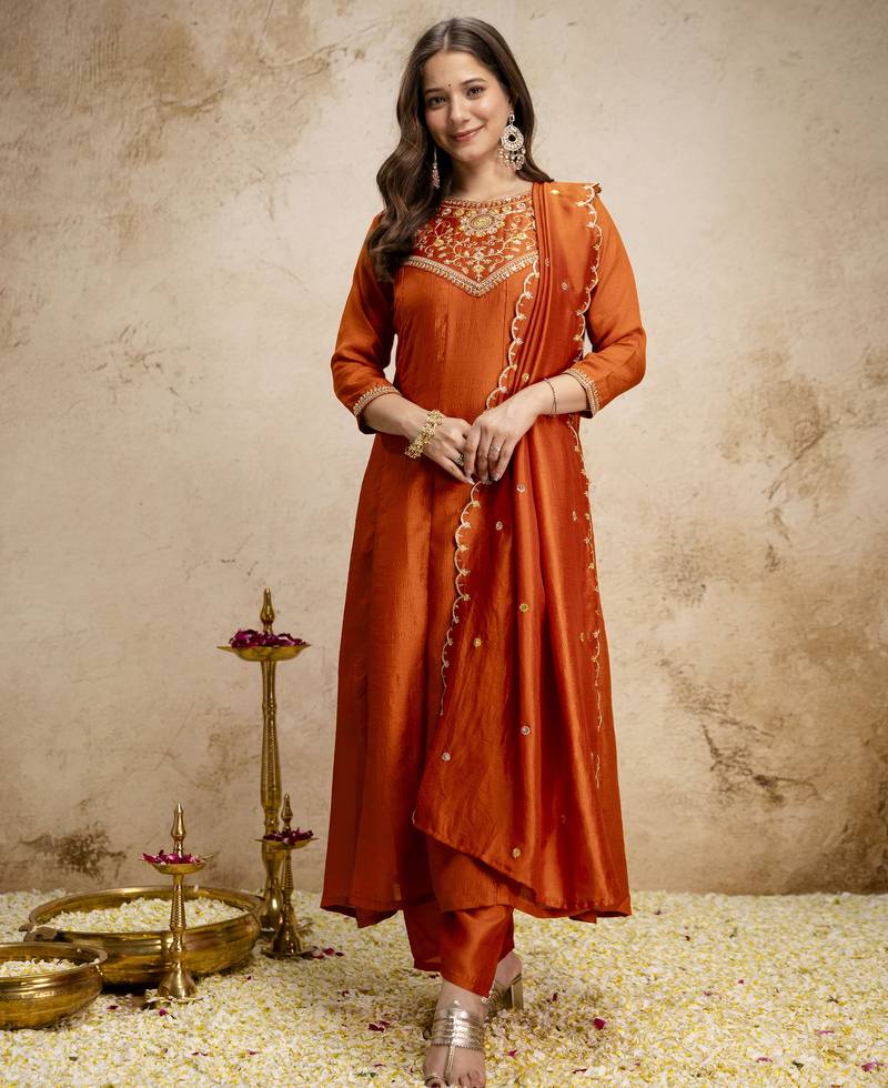 Orange vichitra silk embroidery kurta set with dupatta | designer kurta set