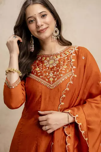 Orange vichitra silk embroidery kurta set with dupatta | designer kurta set