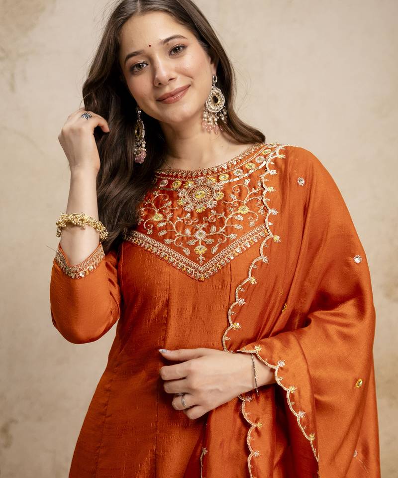 Orange vichitra silk embroidery kurta set with dupatta | designer kurta set