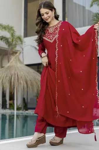 Red vichitra silk embroidery kurta set with dupatta | readymade salwar suit