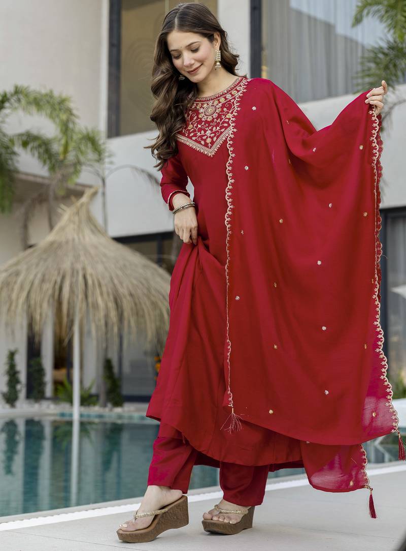 Red vichitra silk embroidery kurta set with dupatta | readymade salwar suit