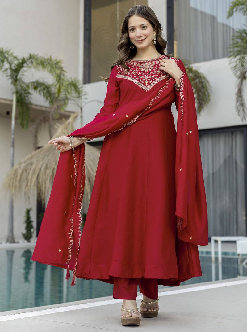 Red vichitra silk embroidery kurta set with dupatta | readymade salwar suit