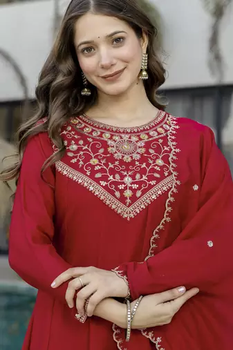 Red vichitra silk embroidery kurta set with dupatta | readymade salwar suit
