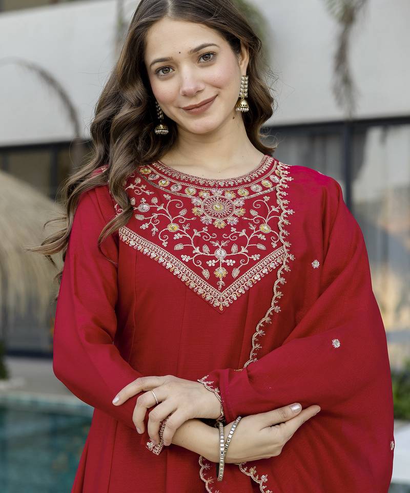 Red vichitra silk embroidery kurta set with dupatta | readymade salwar suit