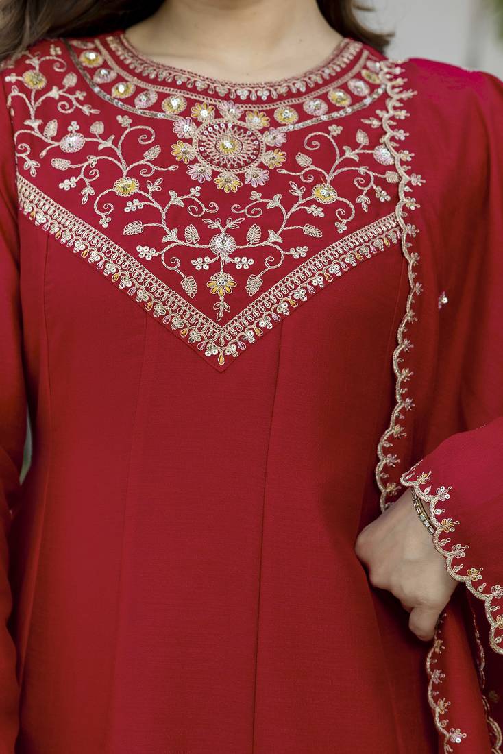 Red vichitra silk embroidery kurta set with dupatta | readymade salwar suit