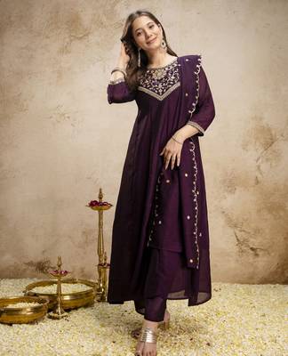 Wine vichitra silk embroidery kurta set with dupatta | readymade salwar suit 1