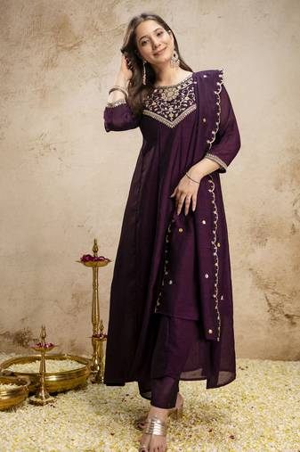 Wine vichitra silk embroidery kurta set with dupatta | readymade salwar suit