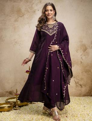 Wine vichitra silk embroidery kurta set with dupatta | readymade salwar suit 2