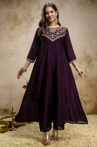 Wine vichitra silk embroidery kurta set with dupatta | readymade salwar suit