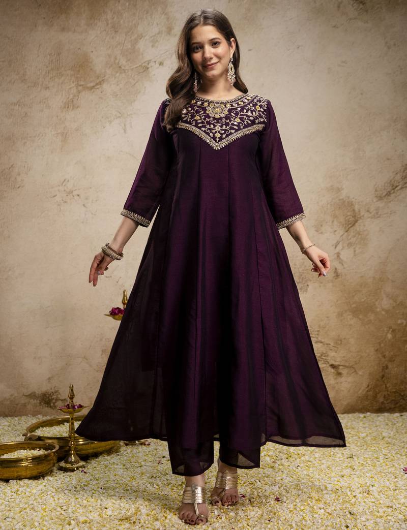 Wine vichitra silk embroidery kurta set with dupatta | readymade salwar suit