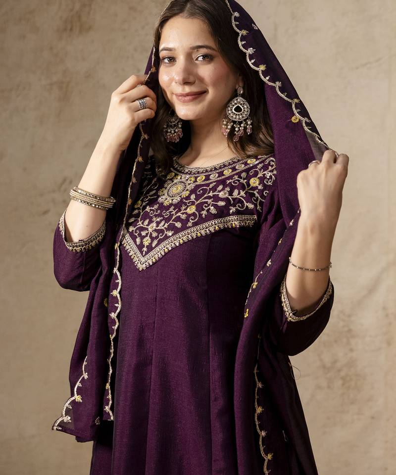 Wine vichitra silk embroidery kurta set with dupatta | readymade salwar suit