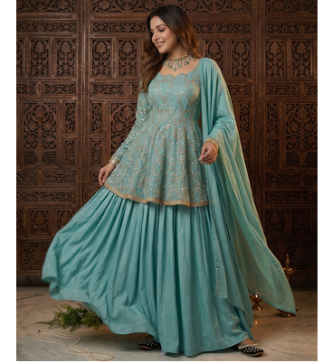 Aqua blue fandy silk 5mm sequence embroidery kediyu lehenga with georgette lace border work dupatta 2