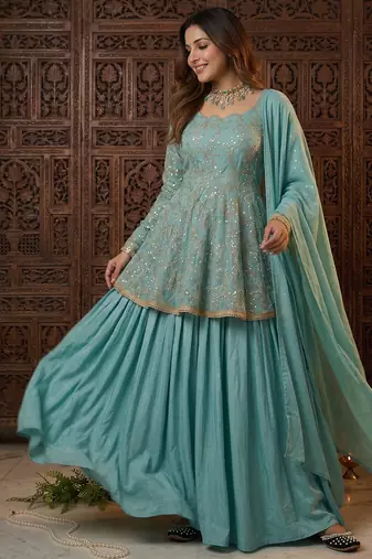 Aqua blue fandy silk 5mm sequence embroidery kediyu lehenga with georgette lace border work dupatta