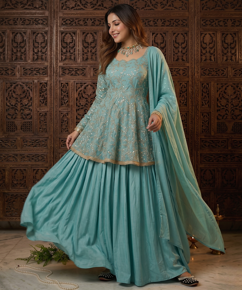 Aqua blue fandy silk 5mm sequence embroidery kediyu lehenga with georgette lace border work dupatta