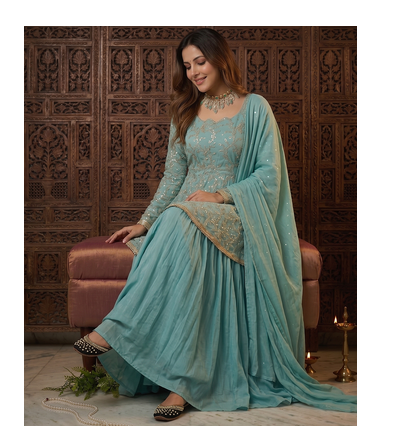 Aqua blue fandy silk 5mm sequence embroidery kediyu lehenga with georgette lace border work dupatta 3