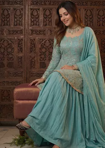 Aqua blue fandy silk 5mm sequence embroidery kediyu lehenga with georgette lace border work dupatta