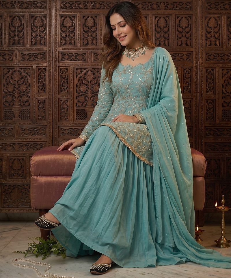 Aqua blue fandy silk 5mm sequence embroidery kediyu lehenga with georgette lace border work dupatta