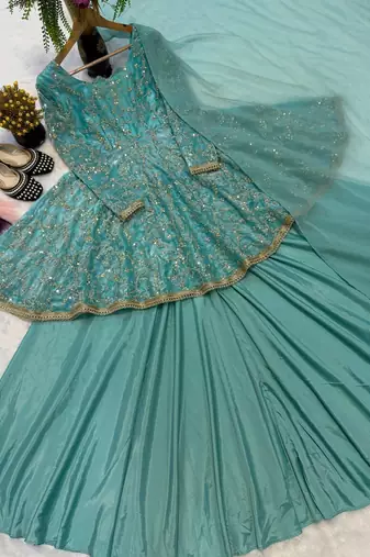 Aqua blue fandy silk 5mm sequence embroidery kediyu lehenga with georgette lace border work dupatta