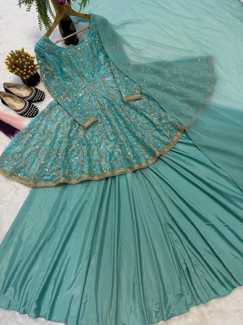 Aqua blue fandy silk 5mm sequence embroidery kediyu lehenga with georgette lace border work dupatta