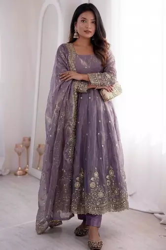 Womens new latest trendy elegant lavendar  embroidered anarkali suit set with scalloped dupatta