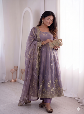 lavendar embroidered anarkali suit set with dupatta 4