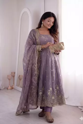 lavendar embroidered anarkali suit set with dupatta
